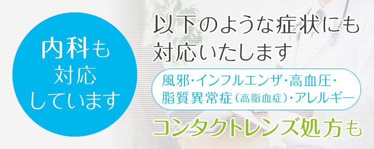 以下のような内科の症状にも対応いたします|風邪・インフルエンザ・高血圧・脂質異常症(高脂血症)・アレルギー など|コンタクトレンズ処方いたします